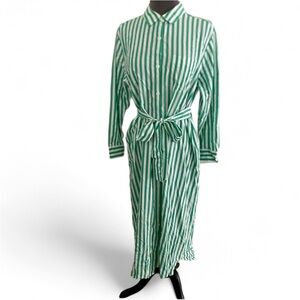 STORQ MATERNITY GREEN AND WHITE STRIPE MIDI BUTTON DOWN SHIRT DRESS WITH BELT XS